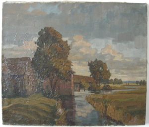 Dorf an Bachlandschaft, 1927, Öl auf Leinwand, 50x57cm, Antiquariat Werner Steinbeiss