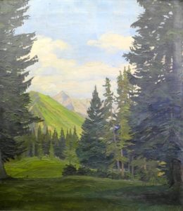 Blick auf eine Waldlichtung mit Gebirgskulise, undatiert, Öl auf Leinwand, 63x54cm, Kunst und Auktionshaus Walter Ginhart