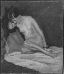 Mit dem rechten Arm aufgestützter weiblicher Akt, undatiert, Pappe, 46x39cm, Bay. Staatsgemäldesammlungen, München